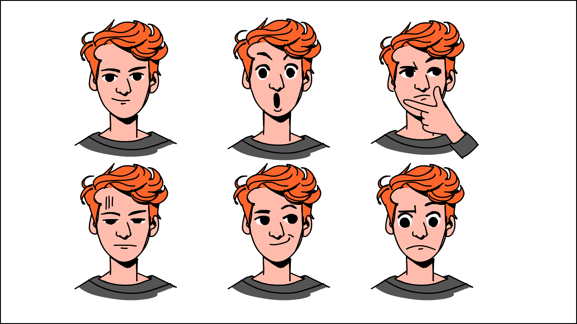 A comic strip featuring six illustrations of a young man with orange hair, depicting various facial expressions. The expressions include neutral, surprised, thinking, annoyed, smirking, and sad.
