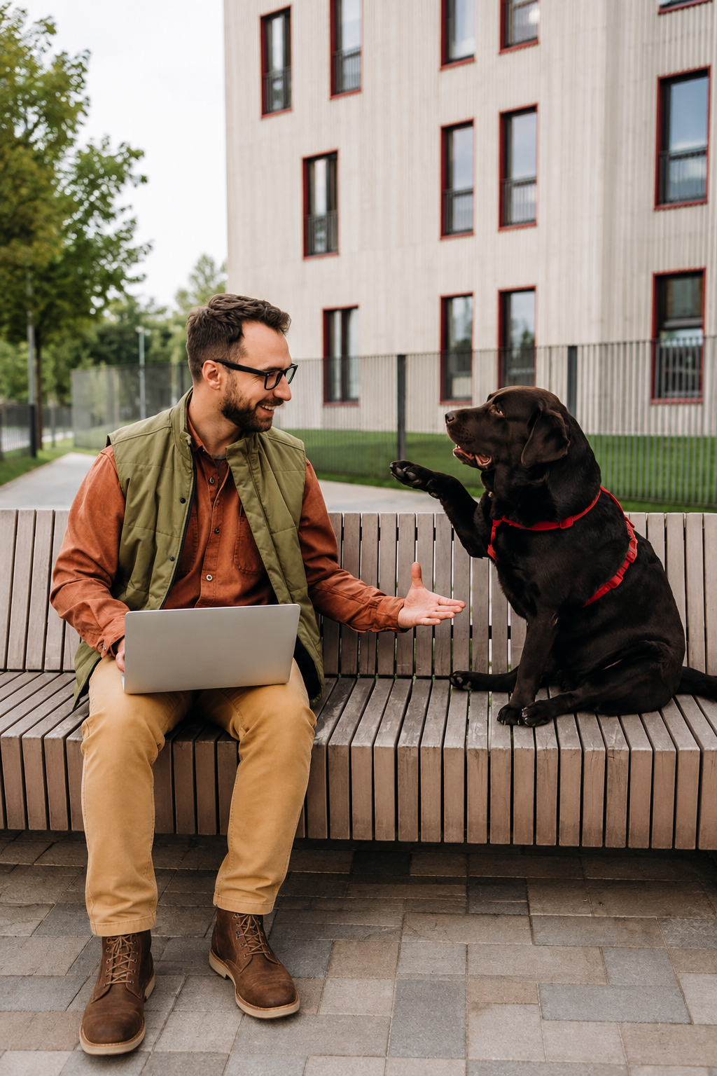 A man with glasses and a beard, sitting on a park bench, interacting with a black dog sitting beside him. The man is holding a laptop and the dog is raising its paw, appearing to shake hands, in an urban park setting with a grass area and modern building behind.
