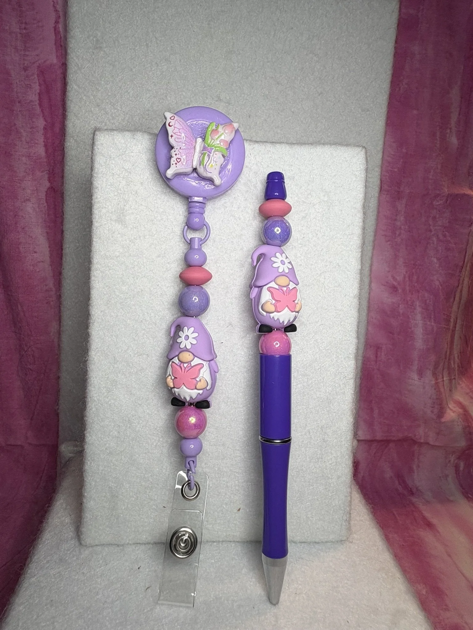 Whimsical Gnome & Butterfly Badge Reel and Pen Set