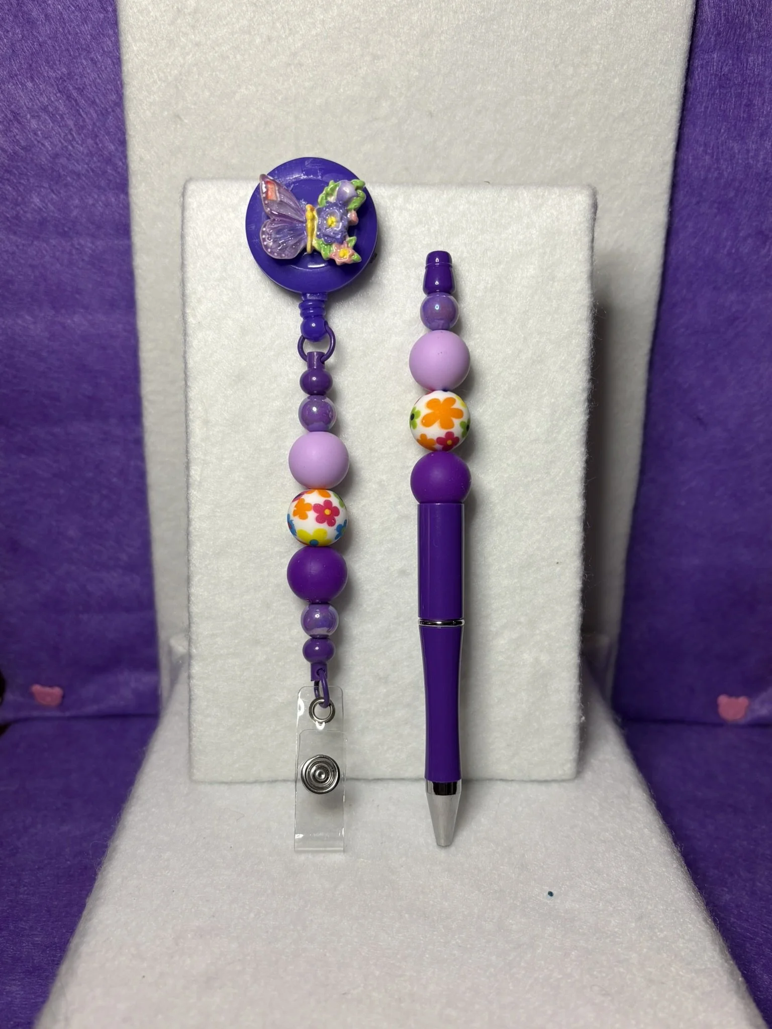 Violet Blossom Badge Reel & Beaded Pen