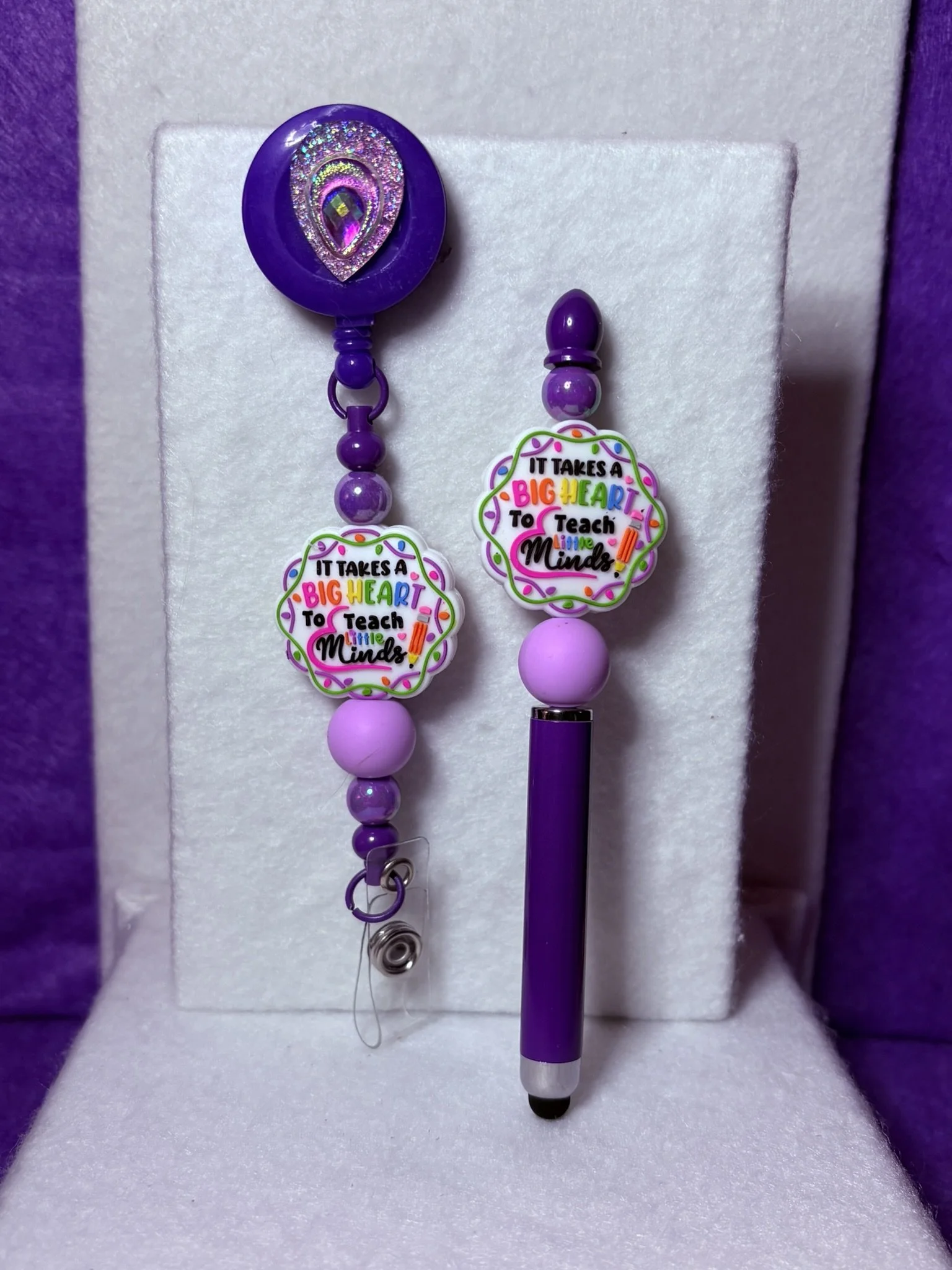 Purple Big Heart Little Minds Badge Reel and Stylus Pen Set