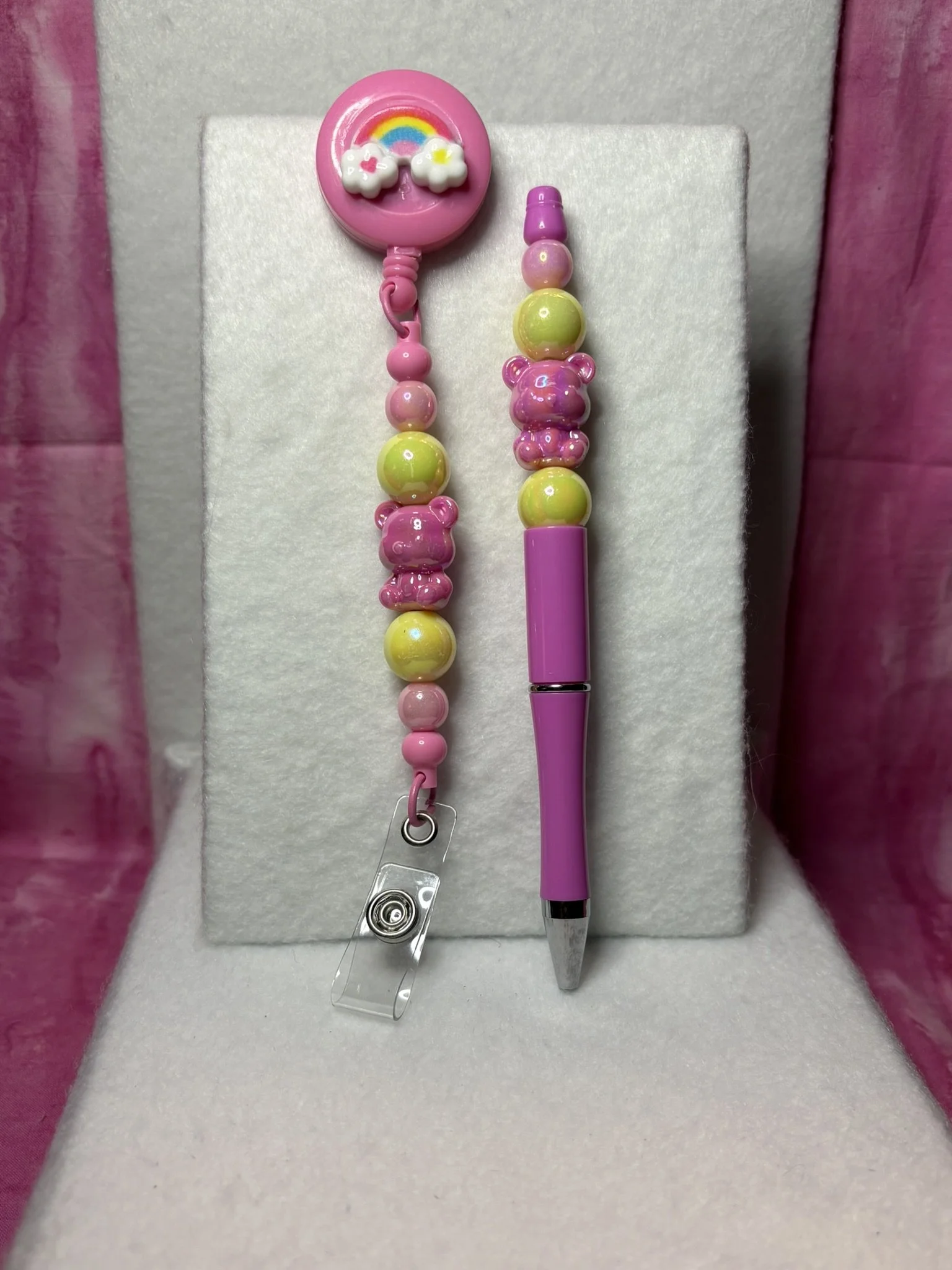Bear-y Loved Pink Badge Reel & Beaded Pen