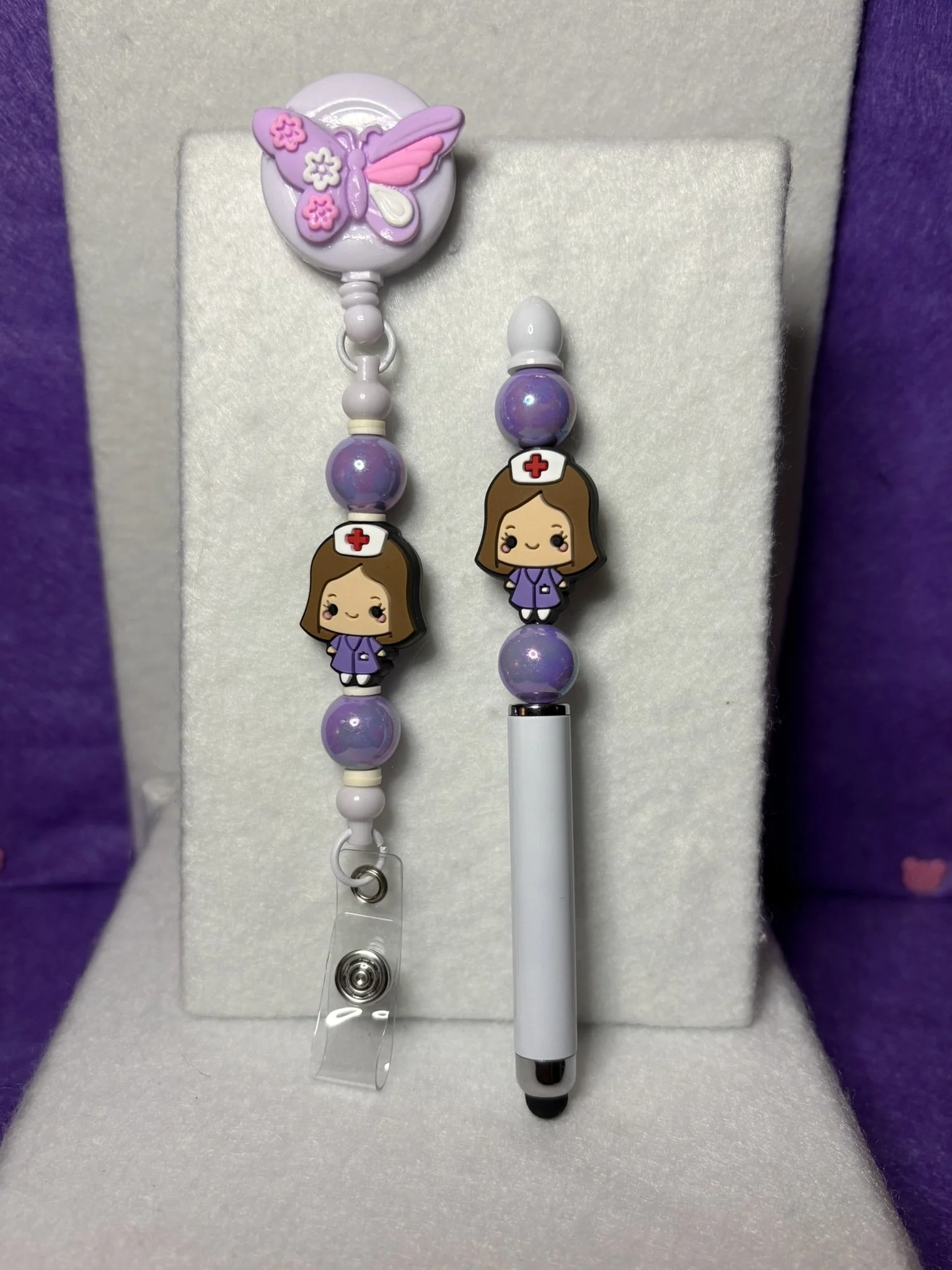 Healing Heart White and Purple Badge Reel and Stylus Pen Set