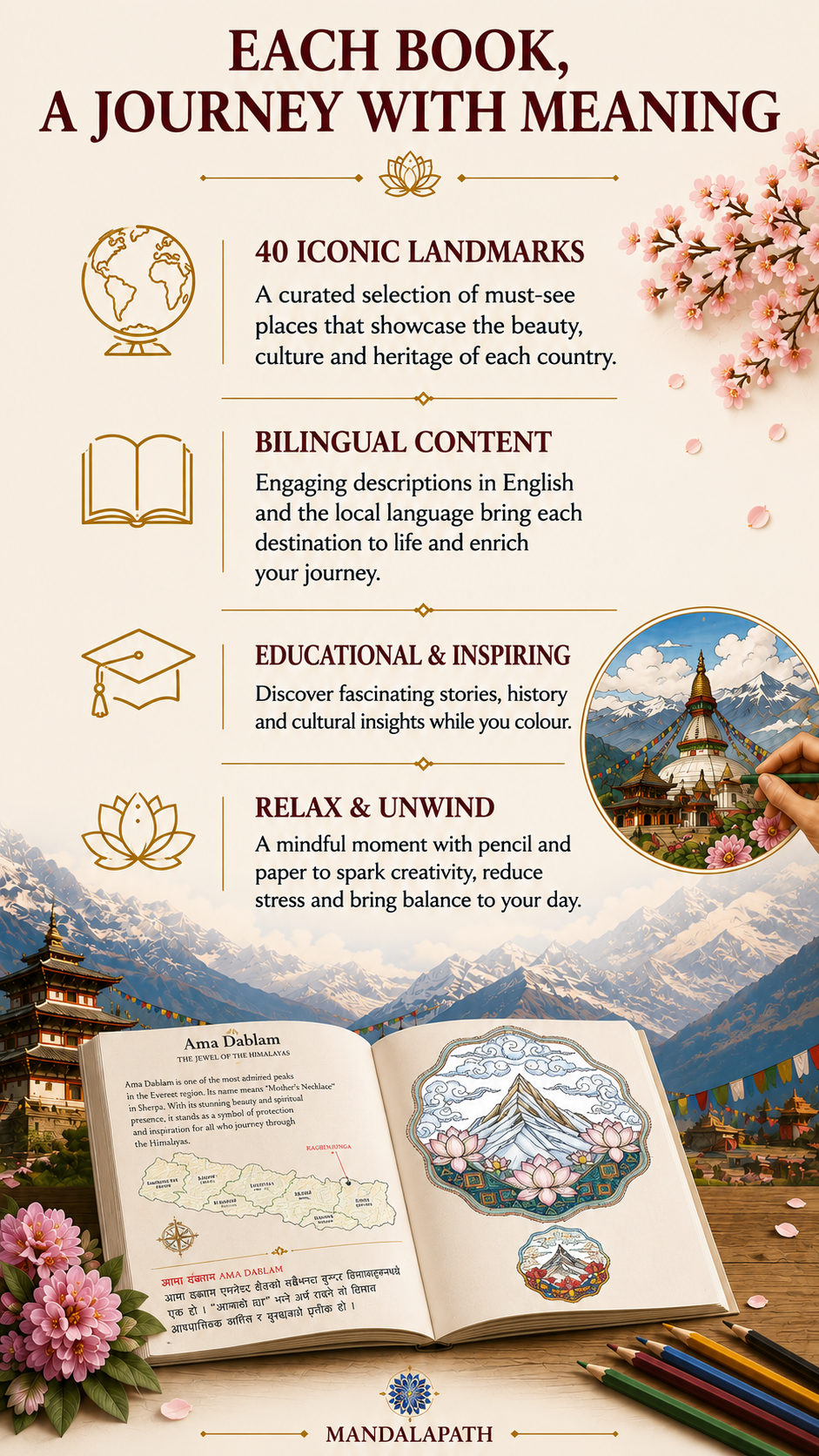 Flyer promoting cultural travel experiences featuring visual icons and text with a mountain landscape background, cherry blossoms, a book with artwork, and colored pencils.