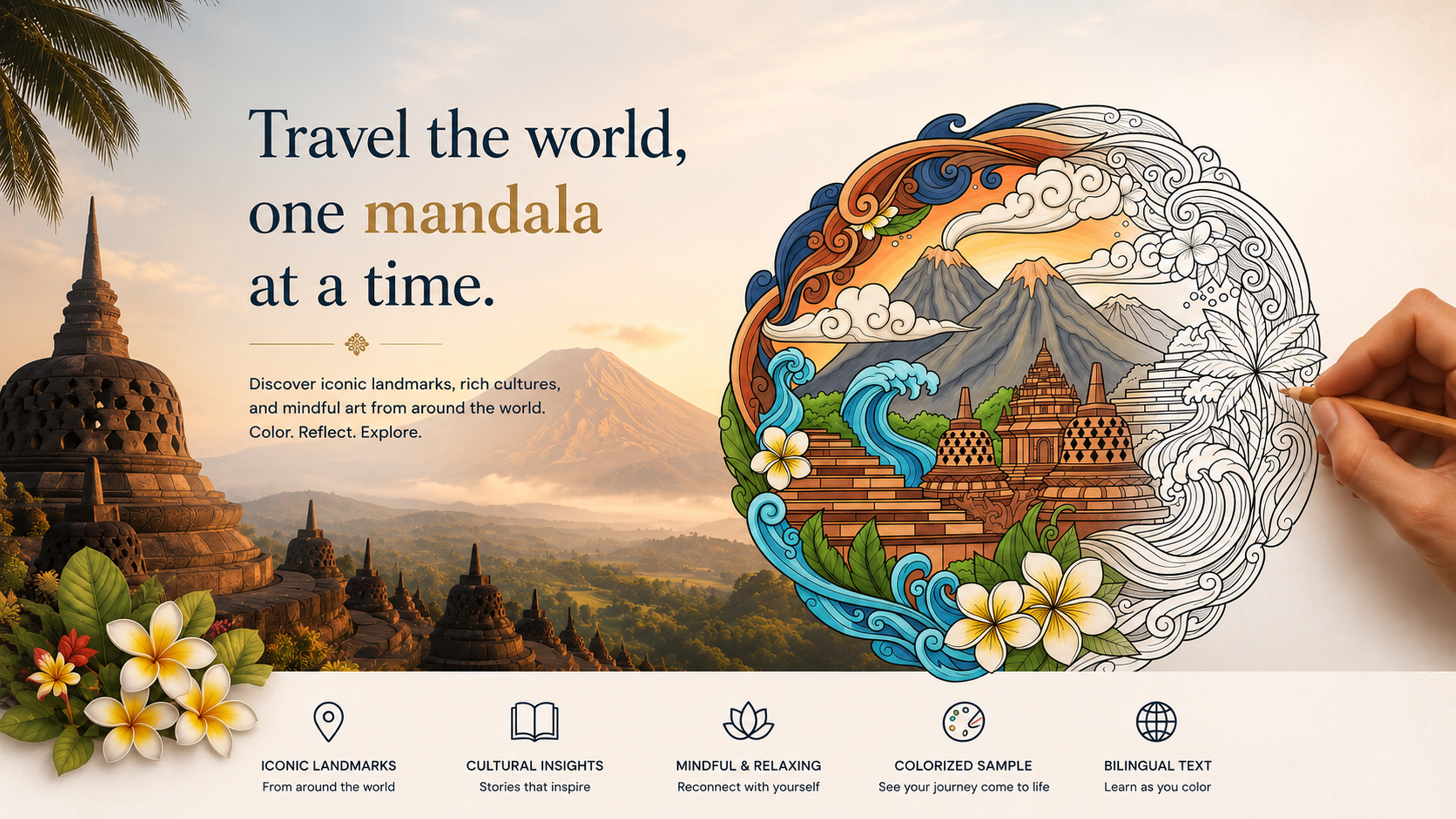 A promotional webpage for travel and art, featuring a background photo of ancient temples in a lush landscape with a mountain and sunrise, along with an illustration of a mountain, clouds, waves, and temples being drawn by a hand. The text promotes exploring iconic landmarks and cultural insights around the world.