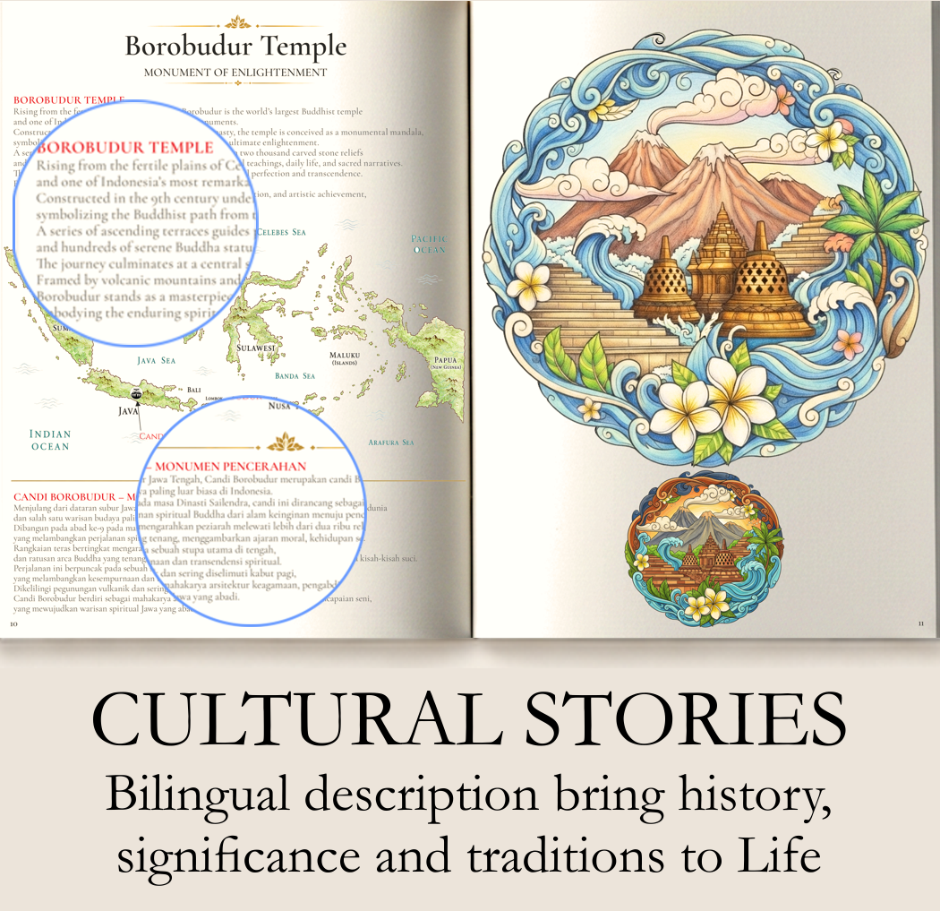 Open book showing a map and text about Borobudur Temple, with colorful illustrations of traditional temples, mountains, and ocean waves on the right page. Below, a banner reads "CULTURAL STORIES Bilingual description bring history, significance and traditions to Life."