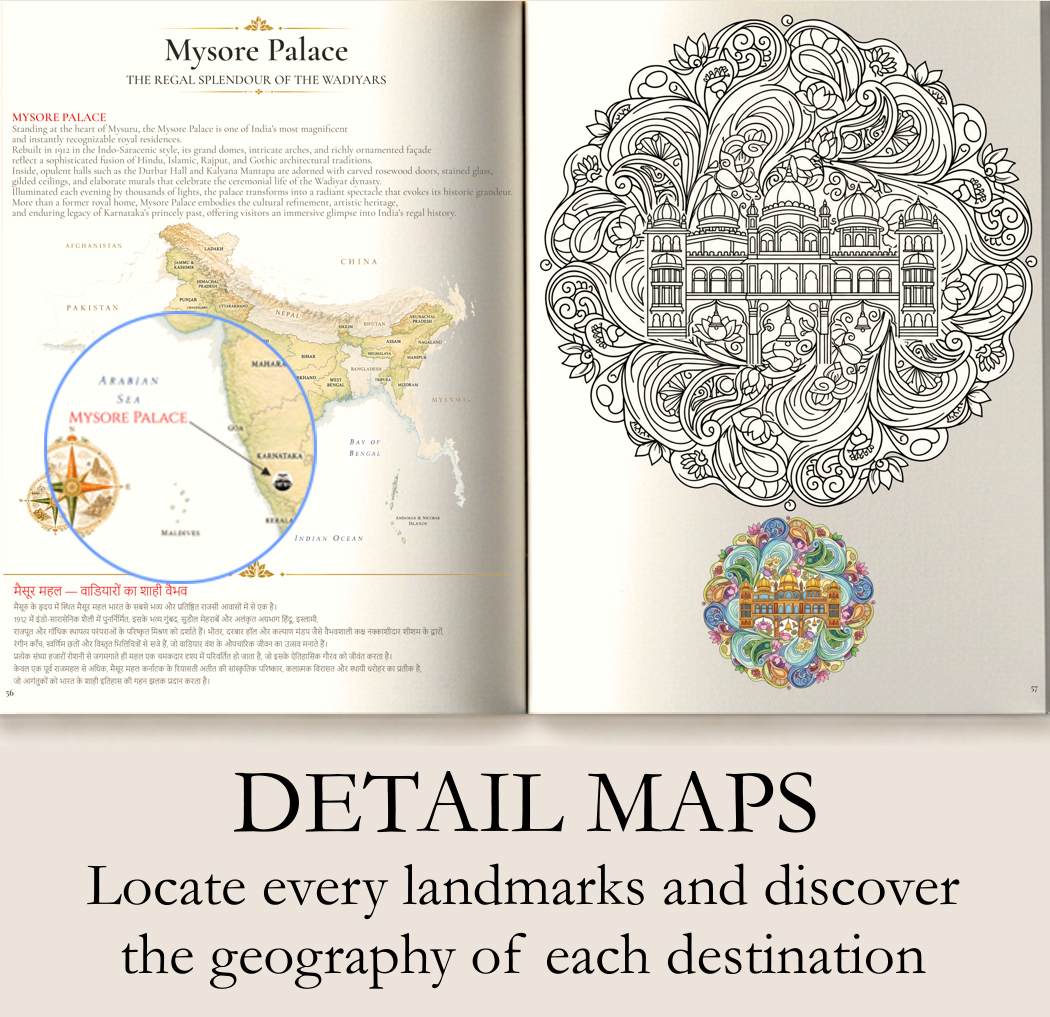 An open book shows a map of India highlighting Mysore Palace in the state of Karnataka. The page includes a description of Mysore Palace in both English and Hindi, with a decorative colored illustration of the palace, and a black and white detailed sketch of the palace's architecture. The bottom overlay text states: 'DETAIL MAPS Locate every landmark and discover the geography of each destination.'
