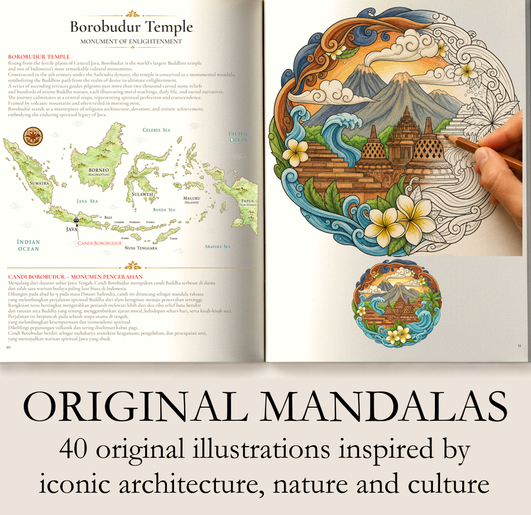 Open book featuring a detailed map of Indonesia on the left page and colorful mandala-style illustrations of Borobudur Temple on the right page. The text describes Borobudur as a monument of enlightenment and details its cultural and spiritual significance.