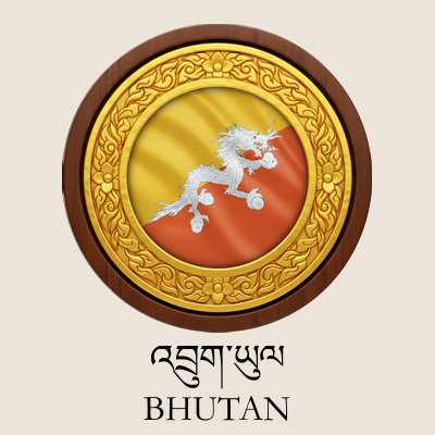 A circular emblem with a gold ornate border, featuring a white dragon on a yellow and red background. Below the emblem, there is text in the Tibetan script and the word "BHUTAN".