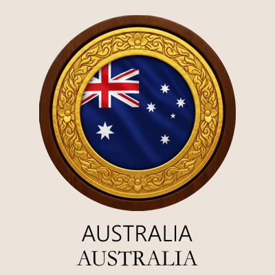Australian flag inside a decorative gold and wooden frame with the word "Australia" written twice below.