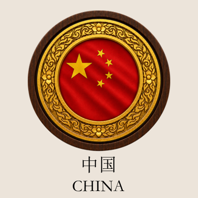 A circular emblem with a red background featuring the Chinese flag and a gold border, with the word 'China' in English and Chinese characters below.