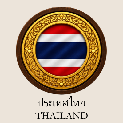 Thailand flag inside a decorative gold and brown circular frame with Thai and English text below reading 'ประเทศไทย THAILAND'.