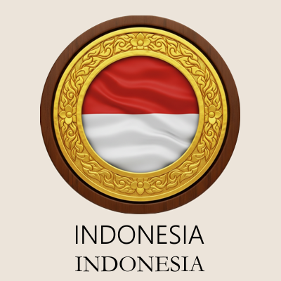 A circular emblem with a gold decorative border, featuring a red and white flag in the center, and the word 'INDONESIA' written twice below.