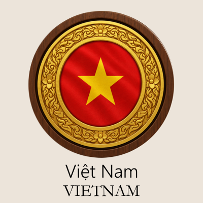 Vietnamese flag in a gold ornate circle with the text 'Việt Nam' and 'VIETNAM' below.