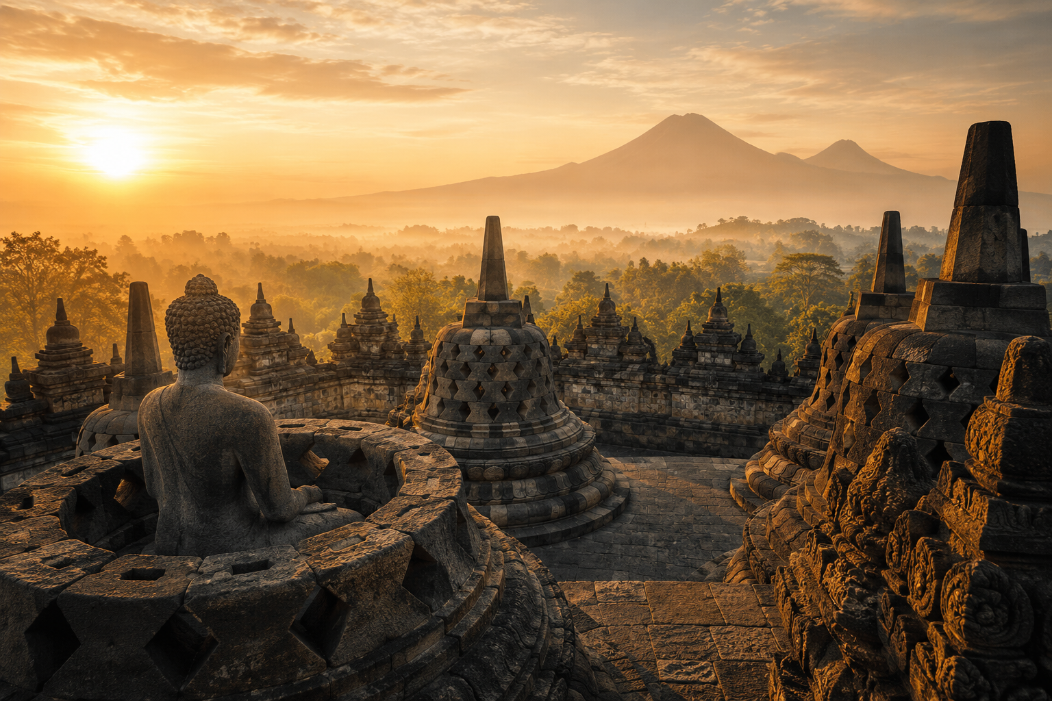 Sunrise over Borobudur temple with stone stupas and a seated Buddha statue in the foreground, lush greenery, and mountains in the background.