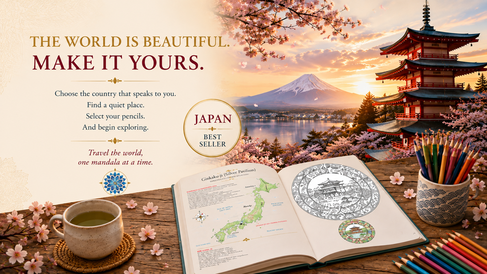 An advertisement for exploring Japan, featuring cherry blossoms, Mount Fuji in the background, a traditional pagoda, colored pencils in a cup, an open travel book with a map and coloring pages, and a cup of green tea with pink cherry blossom petals on a wooden surface.