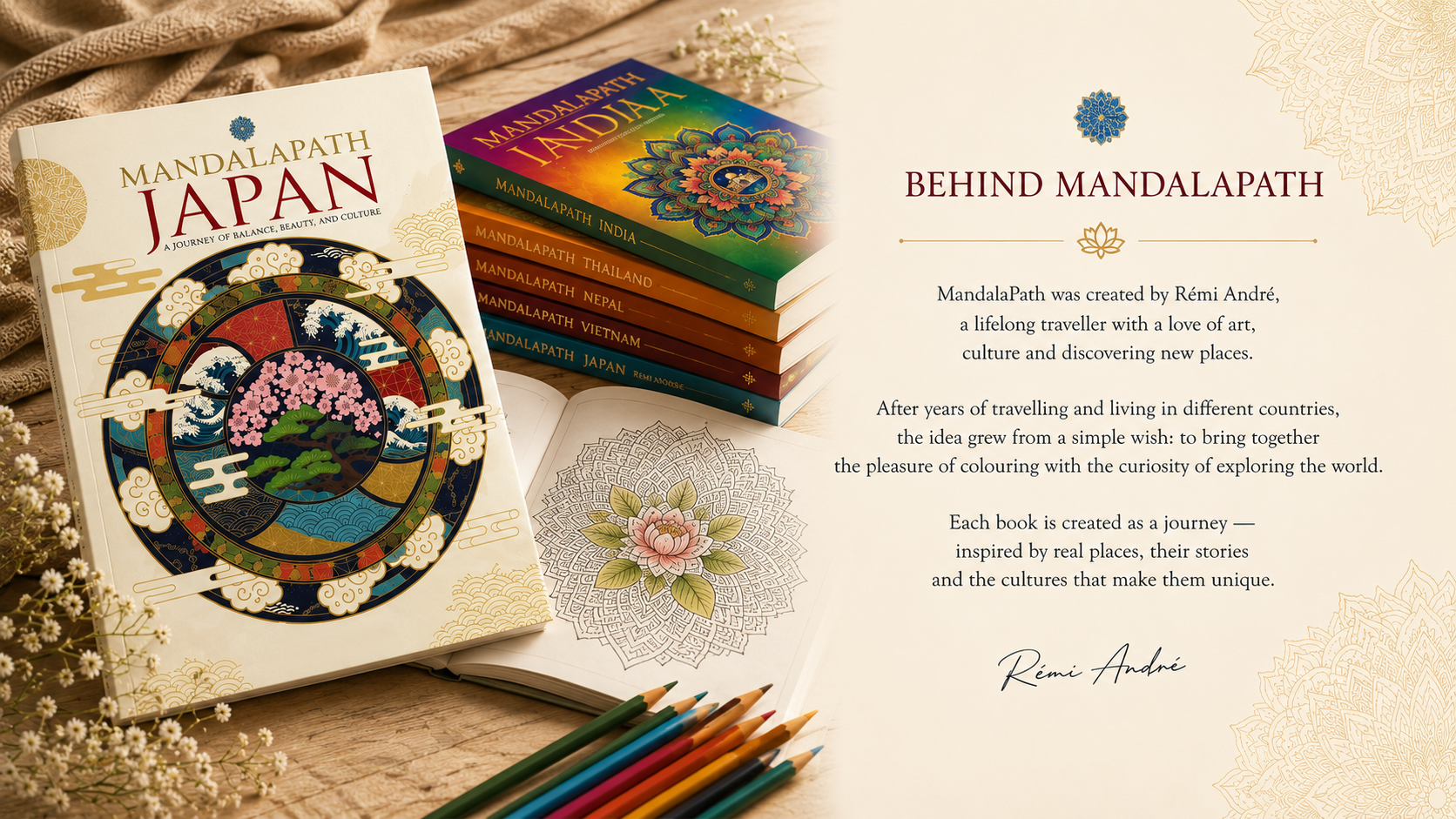 A collection of books titled 'Mandalapath Japan,' 'India,' 'Thailand,' 'Nepal,' 'Vietnam,' with an open coloring book showing a floral mandala pattern, colored pencils, and a printed note about the MandalaPath project created by Rémi André.