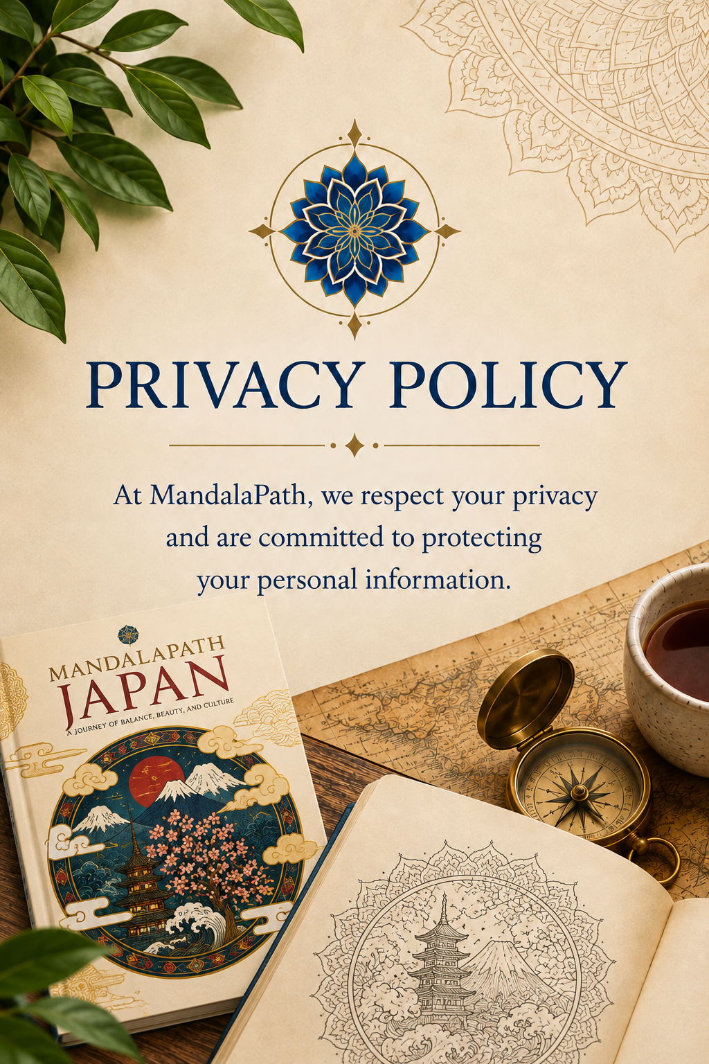 A privacy policy sign from MandalaPath with a decorative blue and gold mandala, a book titled "Mandalapath Japan," an open coloring page with Japanese-themed illustration, a cup of tea, and a gold compass on a wooden surface with green leaves in the corners.