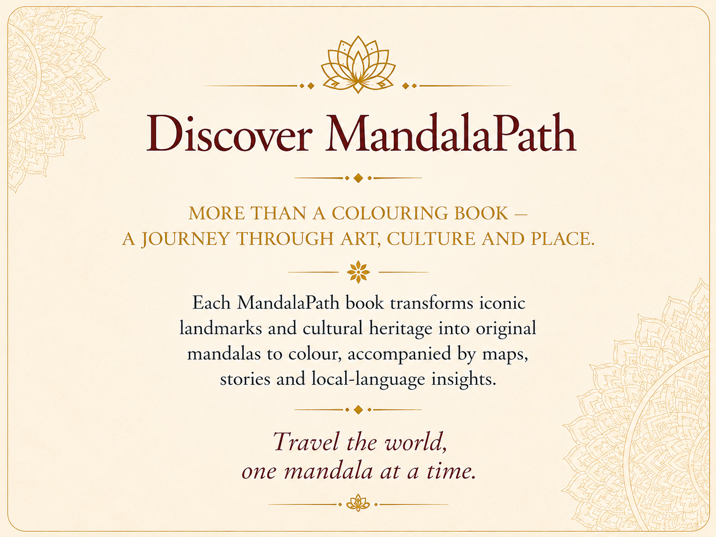 Cover page of a book titled "Discover MandalaPath," featuring a decorative mandala design in the corners and a cream-colored background with gold and dark red text.