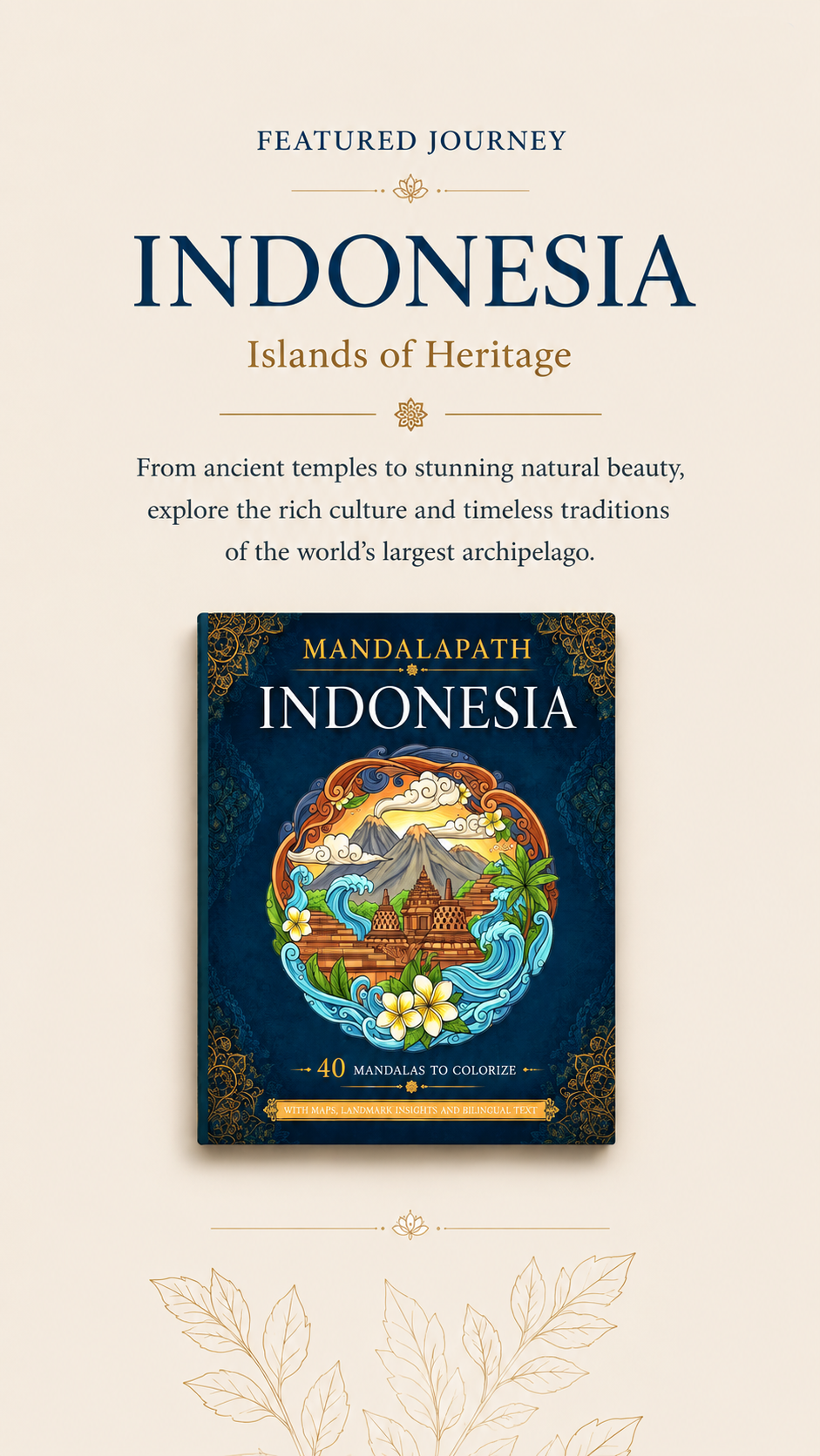 Promotional display for an Indonesia travel book titled 'Mandalapath Indonesia' with a colorful illustration of mountains, temples, waves, and flowers on the cover.