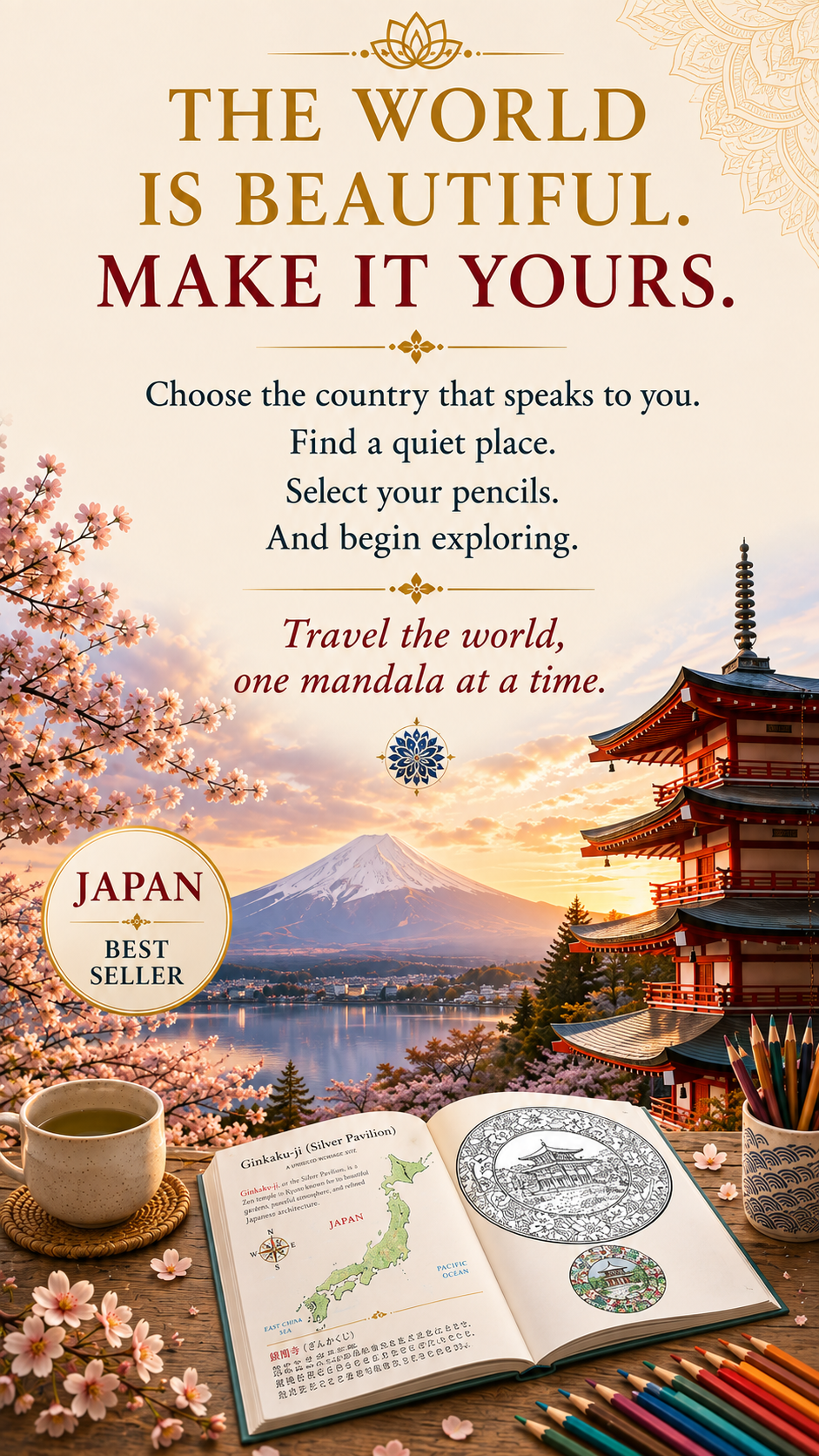 An inspirational poster with a Japanese theme, featuring cherry blossoms, Mount Fuji, a pagoda, an open book with a map of Japan, and a cup of tea. The text encourages travel and exploration, especially in Japan.