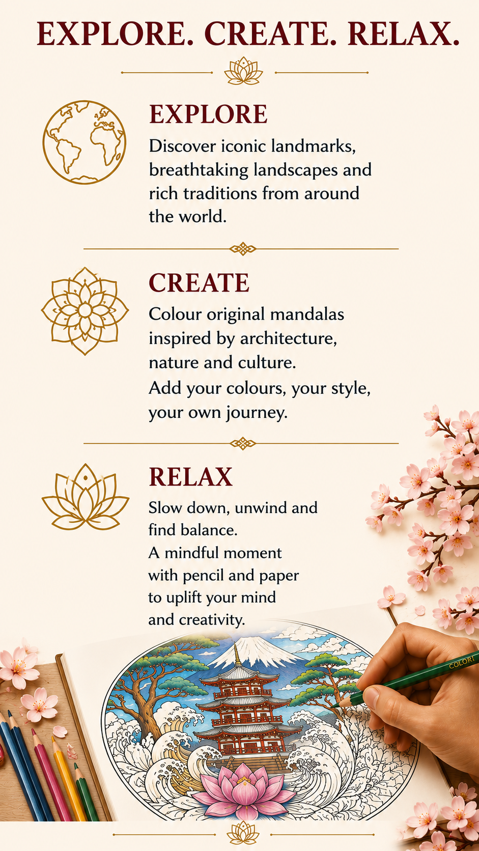 An informational poster with the title 'Explore. Create. Relax.' and sections about exploring landmarks, creating mandalas inspired by architecture and culture, and relaxing through mindful activities. The poster features small icons: a globe, a mandala, and a lotus flower, alongside floral decorations and an illustration of a hand coloring a traditional Japanese mountain scene with a pagoda, trees, waves, Mount Fuji, and cherry blossoms.