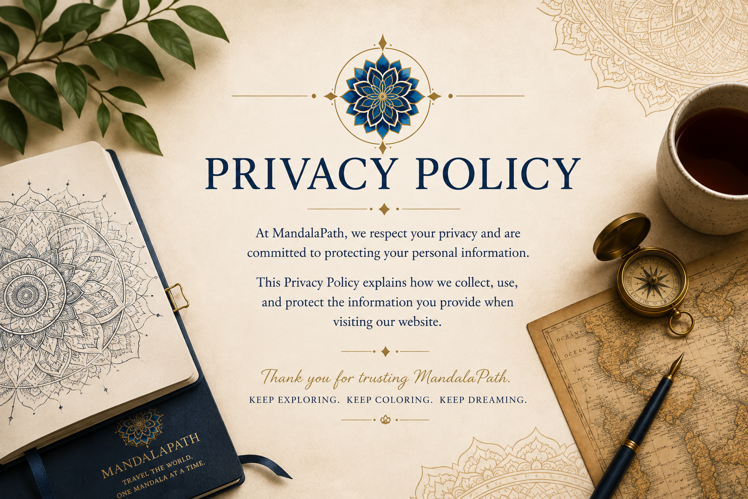 A privacy policy document on a table surrounded by a cup of coffee, a map, a compass, a notebook, and a pen.