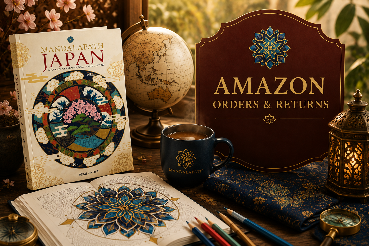 A collection of colored and black-and-white mandala coloring books, a world globe, a coffee mug, colored pencils, a folded fabric with gold and blue patterns, a decorative lantern, an open mandala coloring page, a sign reading 'Amazon Orders & Returns,' and various small decorative items on a wooden table with plants and flowers in the background.