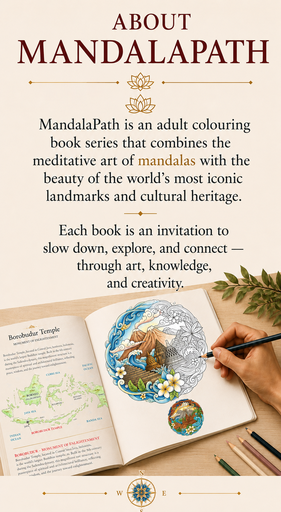 A poster introducing MandalaPath, a coloring book series combining mandalas with world landmarks and cultural heritage, featuring an open coloring book with illustrations of landmarks and a person coloring, along with text and decorative elements.