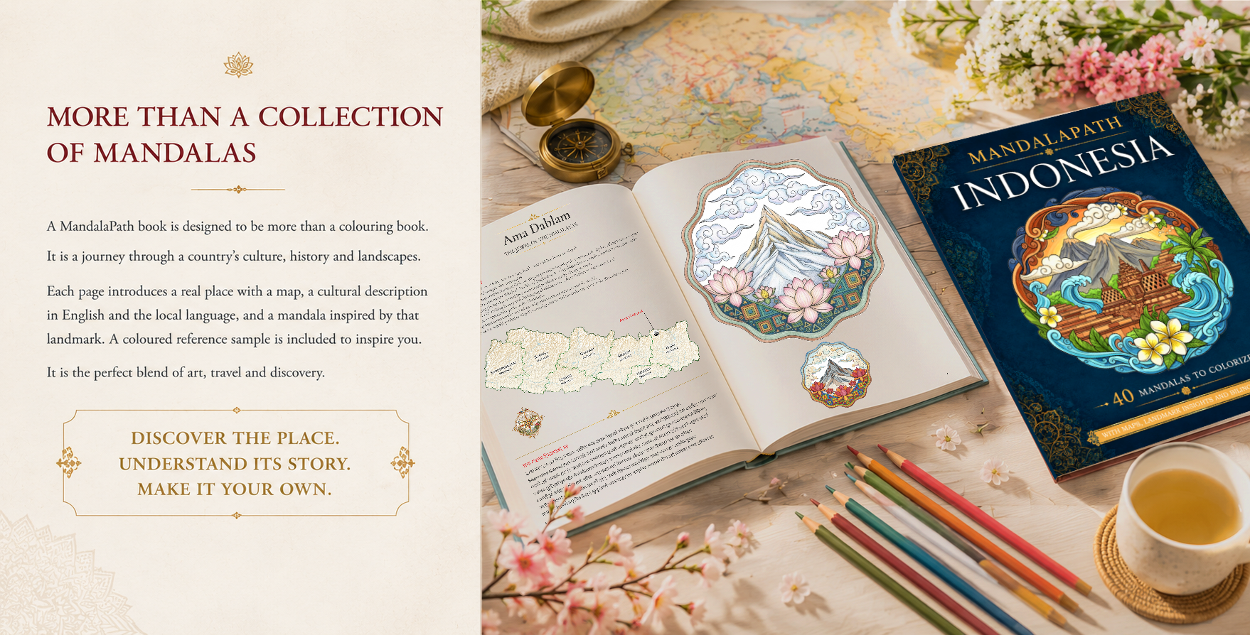 Open coloring book about Indonesia with colorful illustrations of mountain, lotus flowers, and cultural landmarks on a wooden table surrounded by additional coloring pages, colored pencils, a compass, a cup of tea, and pink cherry blossoms.