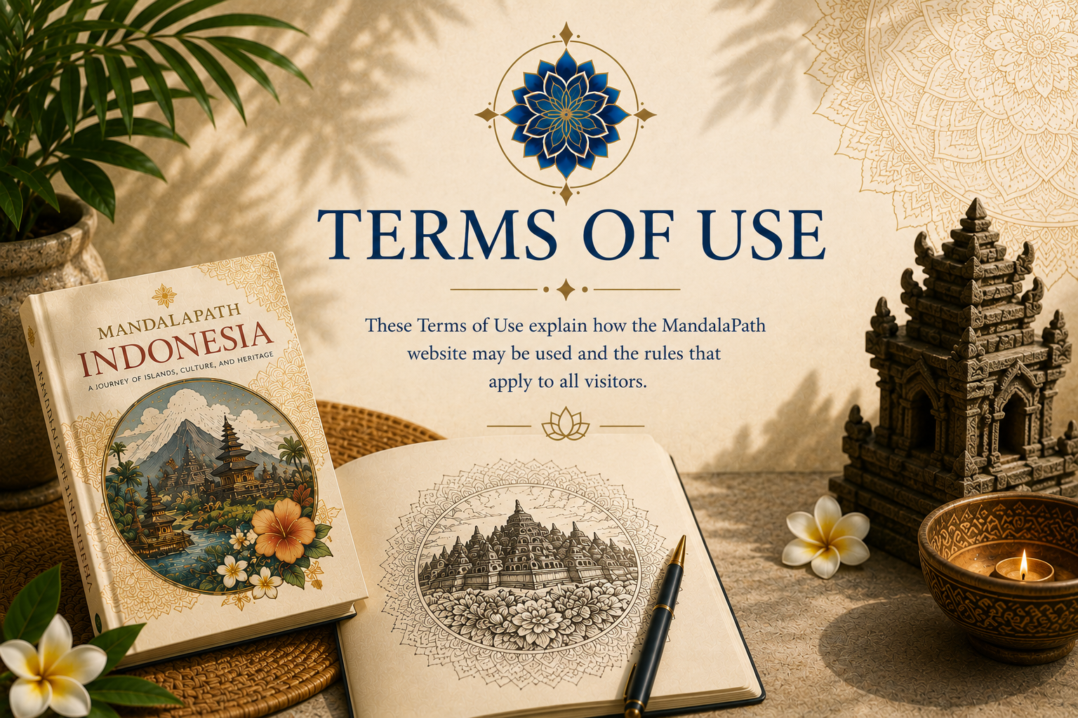 A decorative image featuring an open coloring book with a picture of an Indonesian temple and a pen on a woven mat, a framed illustration of the temple drawing, a black miniature temple sculpture, a lit candle in a black and gold bowl, a white flower, a potted plant, and a text overlay that reads 'Terms of Use' for the MandalaPath website.