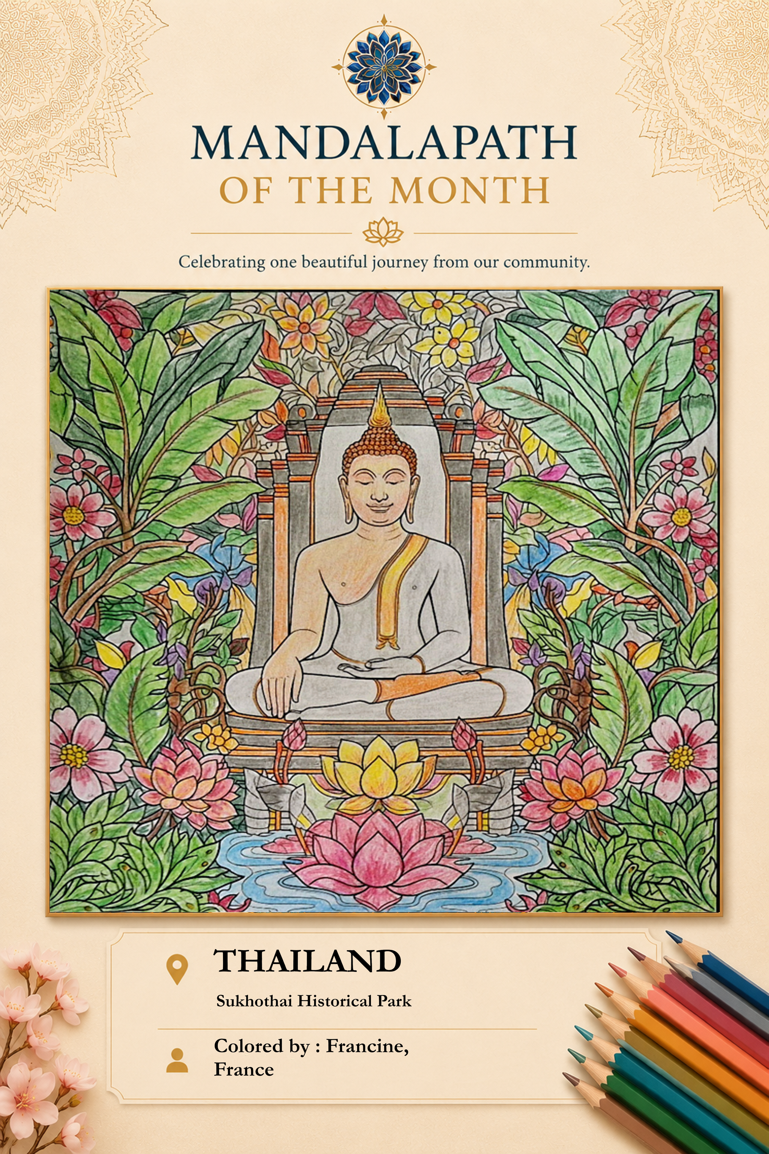Colorful coloring page featuring a meditative Buddha statue surrounded by detailed flowers and foliage, with the headline 'Mandalapat of the Month' at the top and information about the Thailand mandala below.