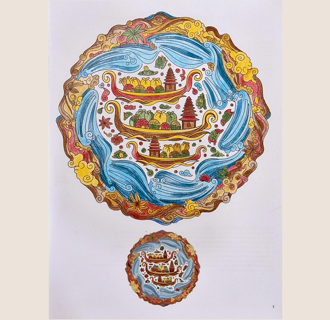 A colorful, circular illustration featuring a scene with multiple tiers of pagodas, surrounded by blue waves, clouds, flowers, and foliage. The scene is mirrored in a smaller circle below, all set against a white background.