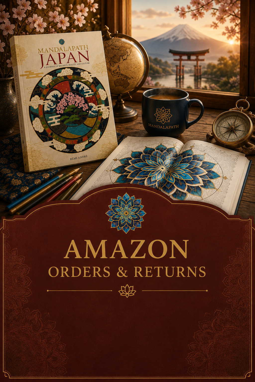 Book titled 'Mandalapath Japan' by Rémi André, open coloring book with mandala design, black coffee in a Mandalapath mug, globe, vintage compass, pink cherry blossoms, Mount Fuji, torii gate, and traditional Japanese scene in the background.