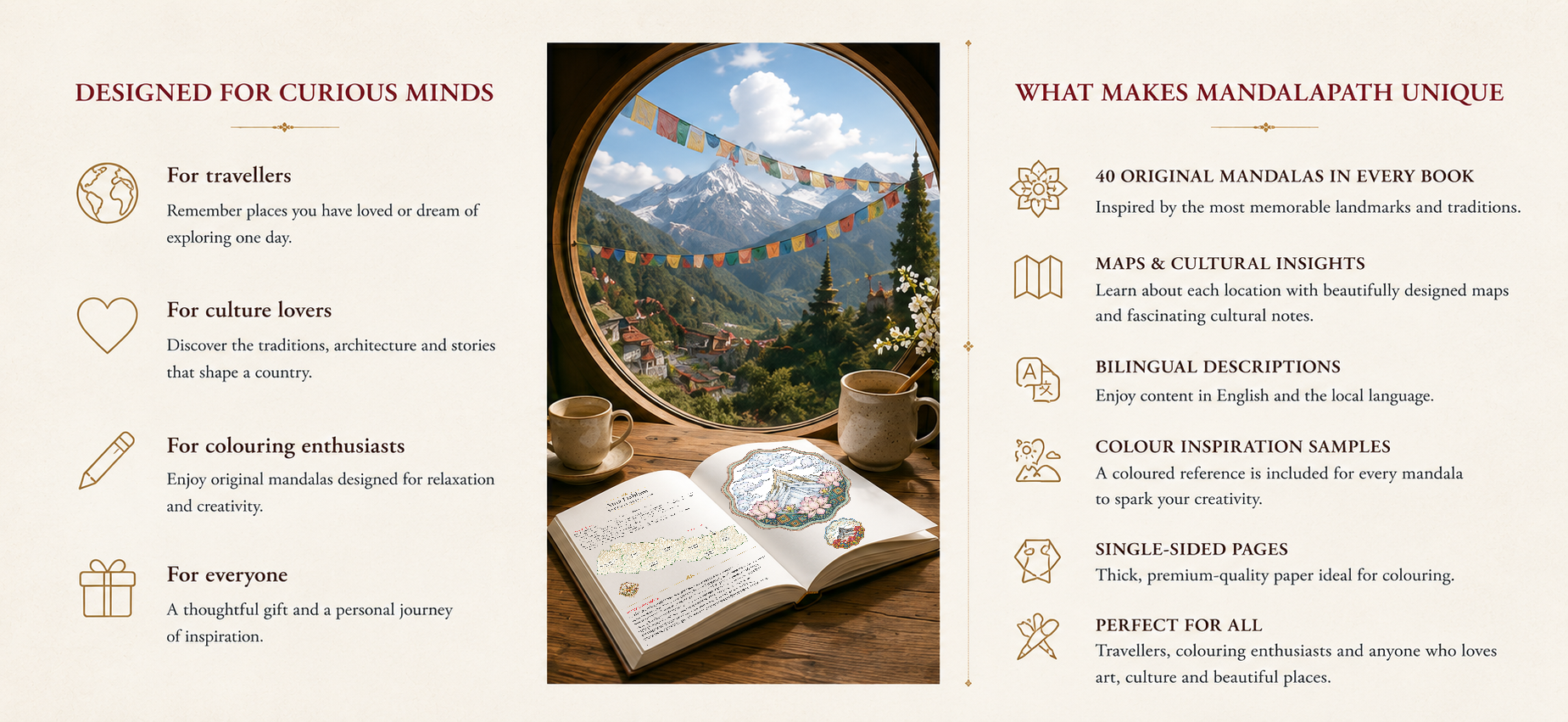 An informational brochure about Mandalapath, highlighting its features for curious minds, culture lovers, coloring enthusiasts, and travelers. The brochure includes icons and text describing the book's content, such as original mandalas, maps, cultural notes, bilingual descriptions, color samples, single-sided pages, and its suitability for all.