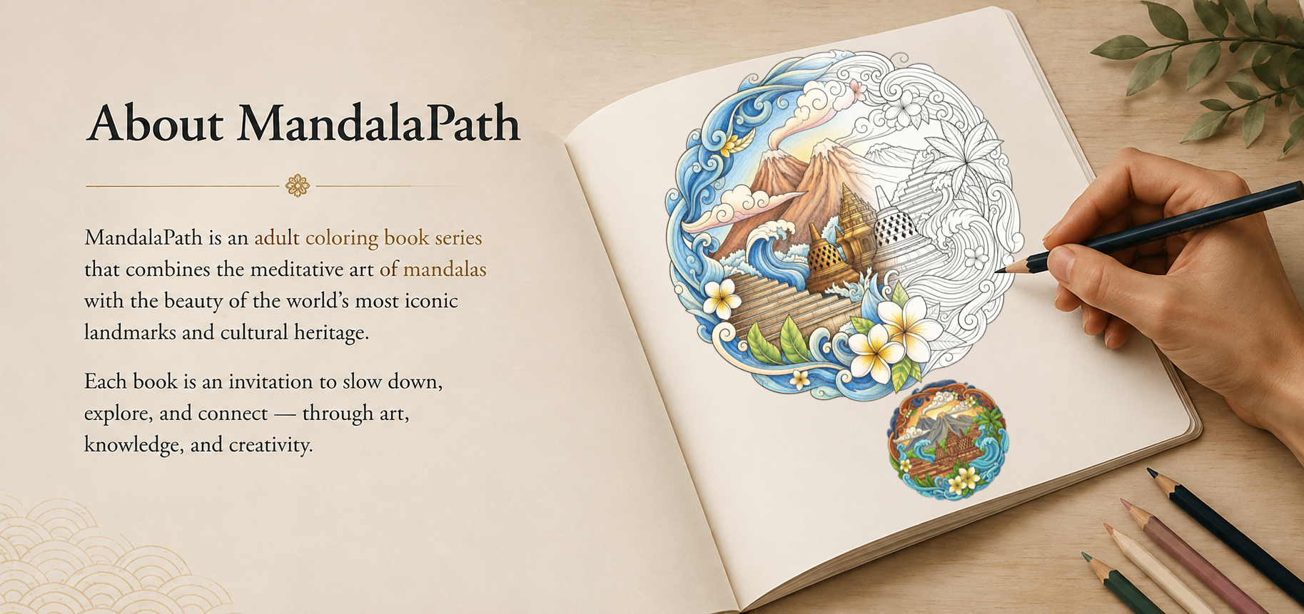 Open coloring book showing a partially colored mandala design with mountains, temples, swirling waves, and flowers. A person is using a black pen to color the design. The book is on a wooden surface with colored pencils nearby.