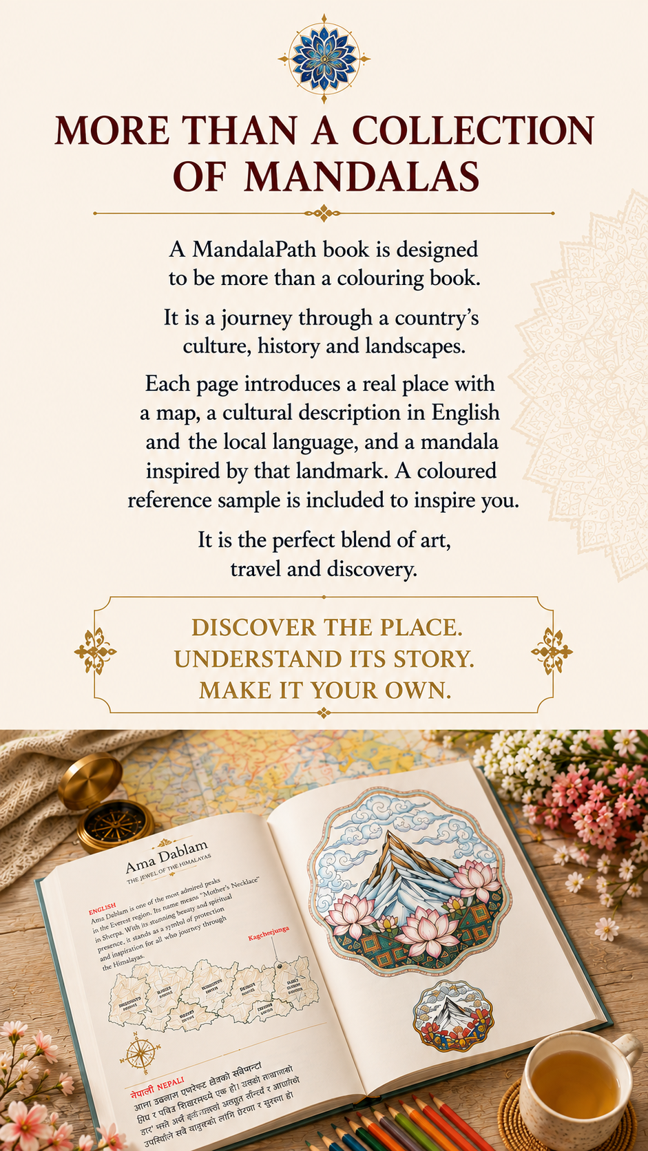 Promotional poster for MandalaPath books with text about mandalas, a colorful mandala design at the top, and a photo of an open coloring book featuring a mountain and lotus flowers, with a cup of tea, colored pencils, and flowers nearby.
