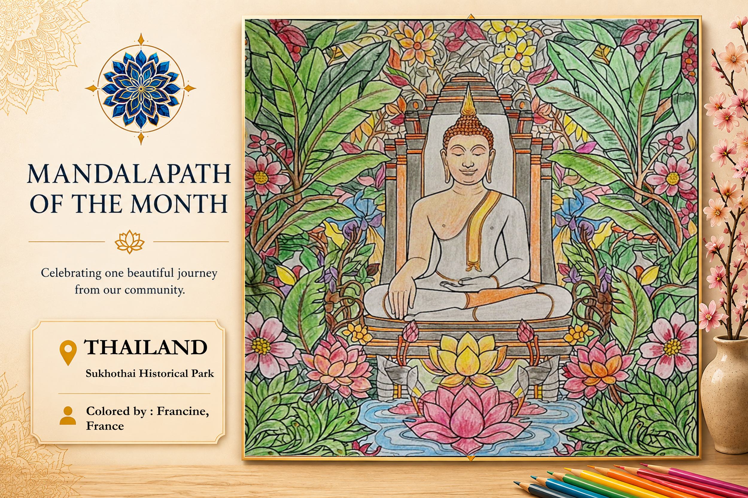 Coloring page of a Buddha figure seated in meditation with a halo, surrounded by lush green leaves, pink and yellow flowers, and a lotus pond.