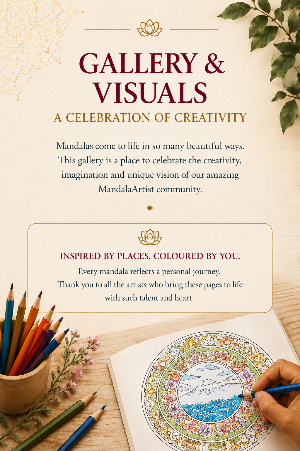 Poster for Gallery & Visuals exhibit featuring a mandala coloring page with a mountain and ocean scene, colored pens, and green leafy decorations.