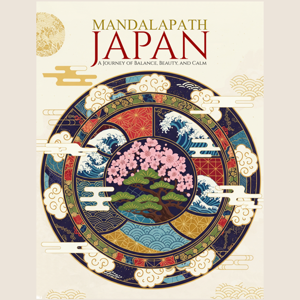 A decorative illustration of a circular design incorporating traditional Japanese motifs, including cherry blossoms, waves, clouds, and geometric patterns, with the text "Mandalapath Japan" and the subtitle "A Journey of Balance, Beauty, and Calm" at the top.