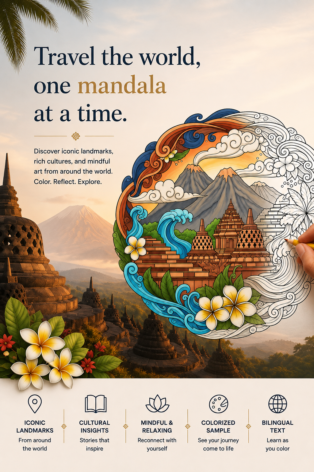 A promotional poster encouraging travel and cultural exploration featuring a large, colorful mandala illustration including mountains, temples, water, and flowers with a background of ancient temples and Mt. Fuji. The poster highlights iconic landmarks, cultural insights, mindfulness, colorized samples, and bilingual learning.