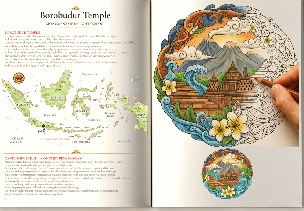 Colorful illustration of Borobudur Temple with mountains, flowers, and swirling clouds, with a person coloring.