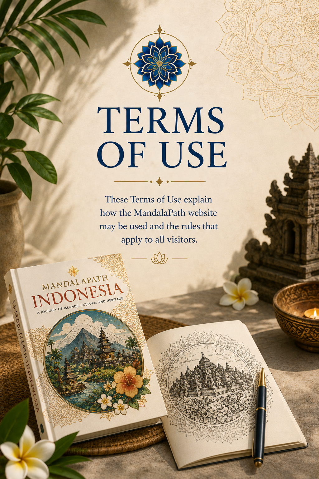 An informational sign titled 'Terms of Use' with a subtitle explaining it outlines how the MandalaPath website can be used. The sign is decorated with a blue and gold mandala design, surrounded by plants, flowers, a candle in a bowl, a model of an Indonesian temple, a book titled 'Mandalapath Indonesia' featuring a colorful illustration of Indonesian landscape and temples, and a sketchbook with a temple drawing and a pen.