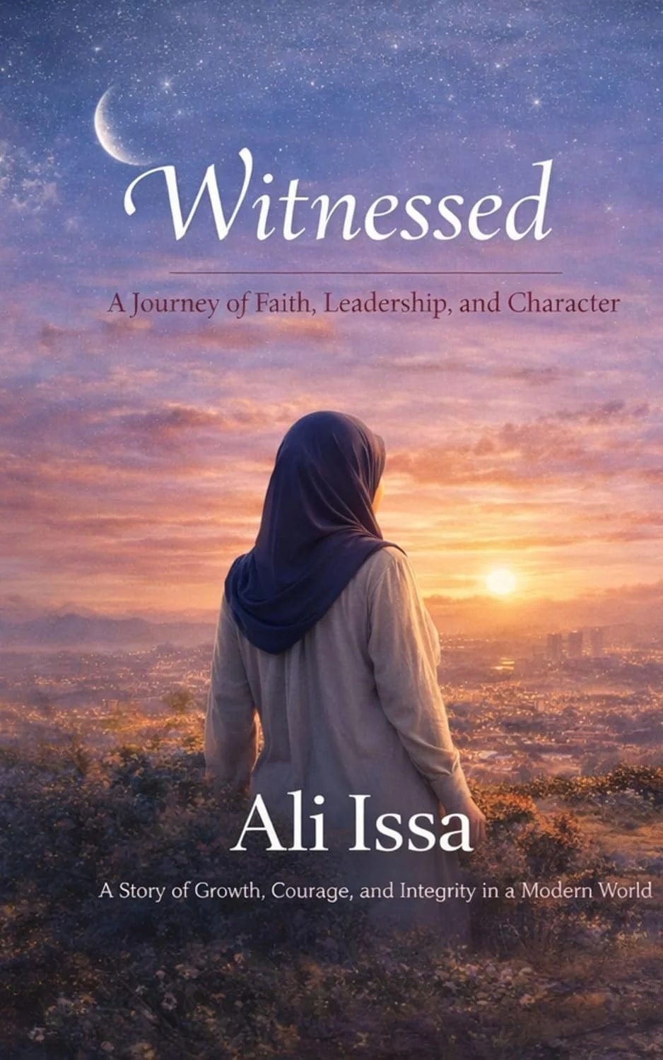 Cover of Witnessed by Ali Issa, showing a woman in hijab looking toward a city beneath a crescent moon and glowing horizon, evoking faith, courage, integrity, and the journey of becoming who we are called to be.