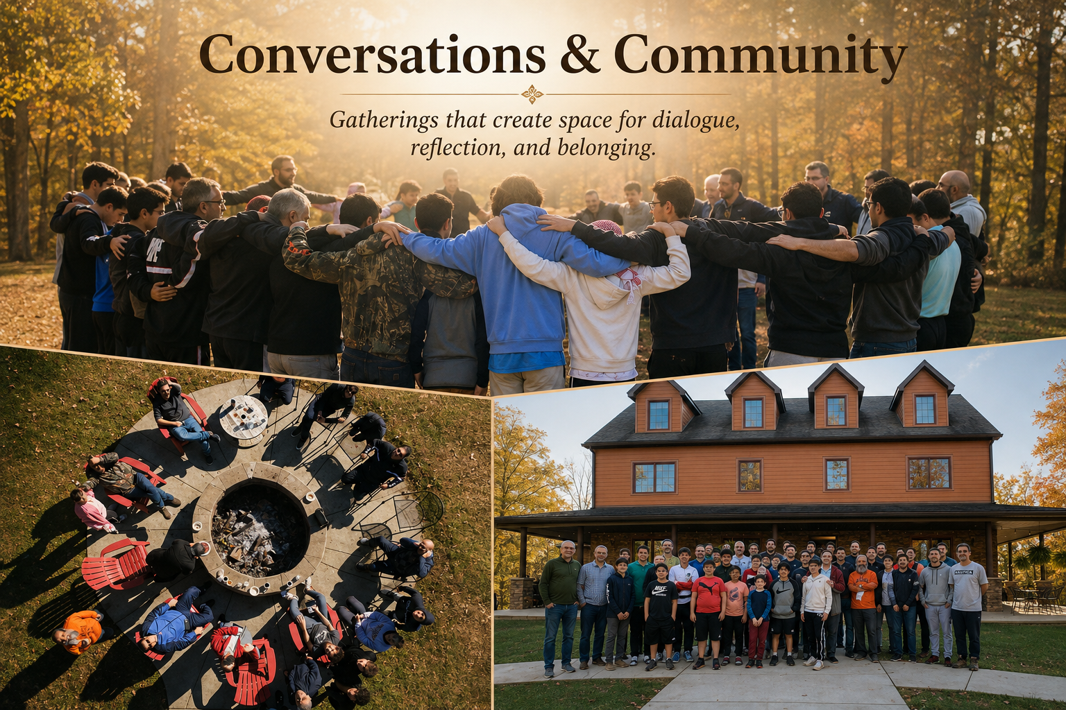 A collage of three photos: the top image shows a group of diverse people standing in a circle with their arms around each other in a park during fall, engaging in a community activity. The bottom left image depicts a bird's eye view of a group gathered around a fire pit with chairs, socializing outdoors. The bottom right image features a large group of people standing in front of a large, two-story house with a porch, in front of trees with fall foliage.