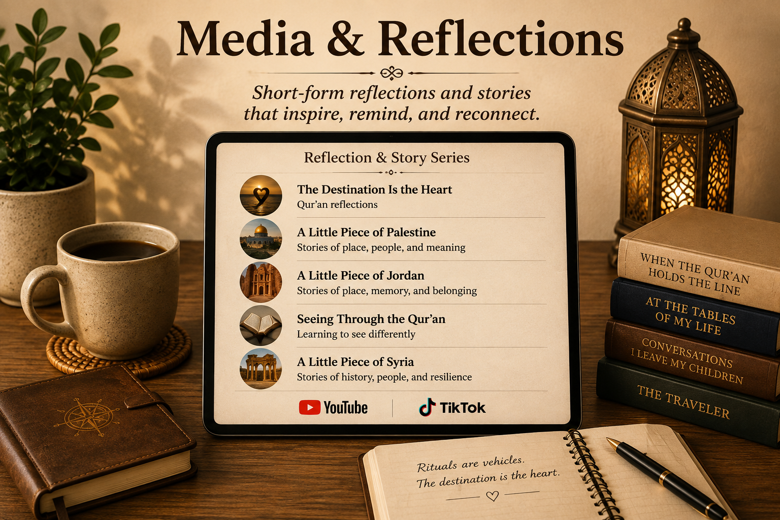 A tablet displaying “Media & Reflections,” including The Destination Is the Heart and A Little Piece of Palestine, alongside books by Ali Issa and an open notebook reading, “Rituals are vehicles. The destination is the heart.”