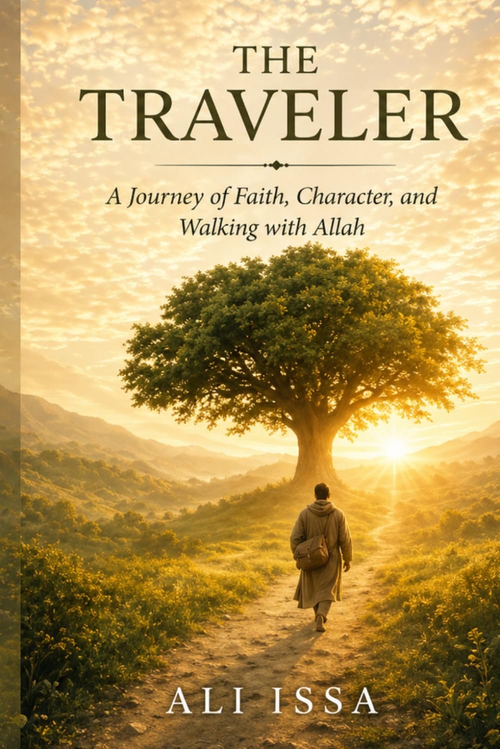 Cover of The Traveler by Ali Issa, showing a lone traveler walking toward a large tree at sunset, evoking journey, reflection, and the path of becoming.