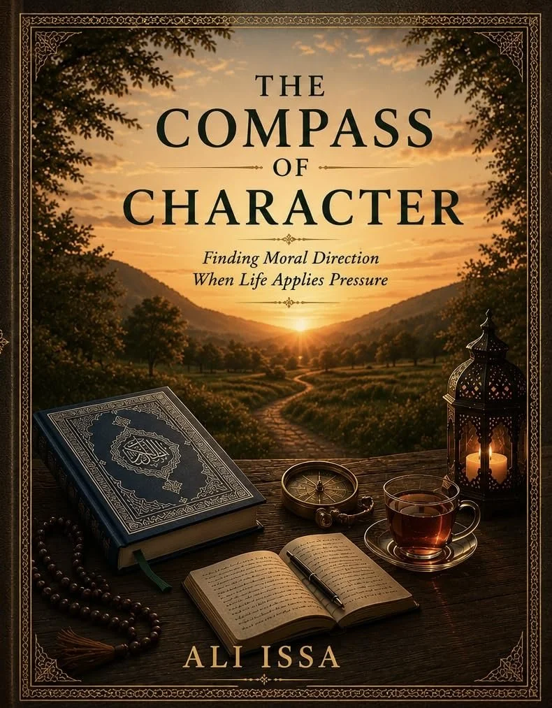 Cover of The Compass of Character by Ali Issa, with a compass, journal, prayer beads, and a winding path toward the horizon, evoking moral direction, character, and the choices that guide who we become.