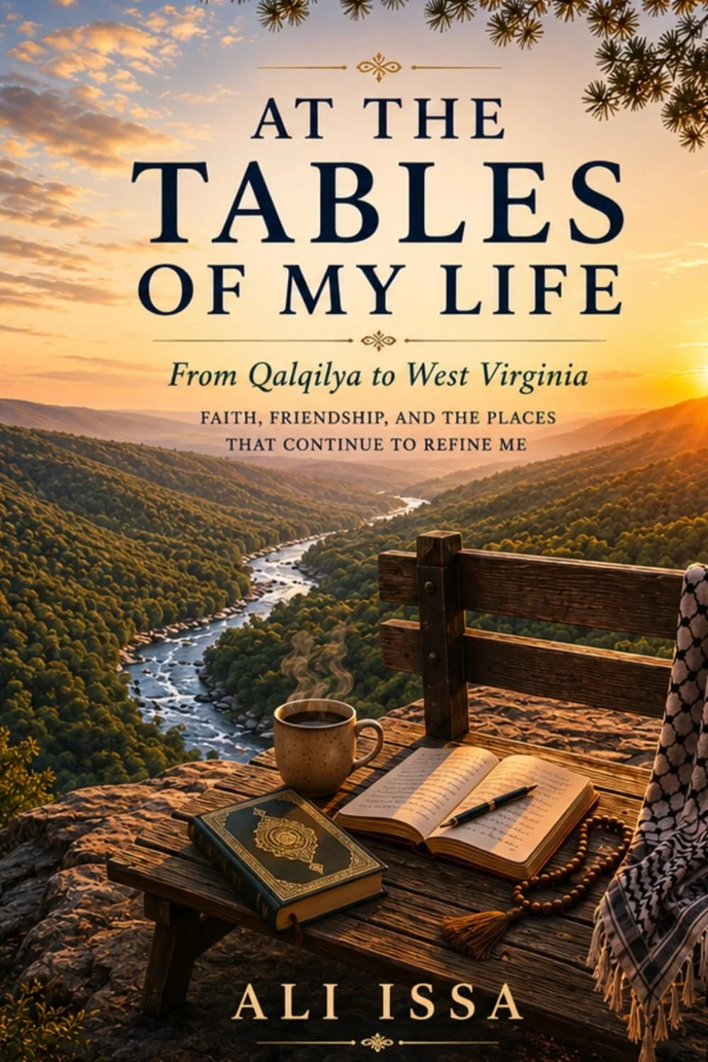 Cover of At the Tables of My Life by Ali Issa, with an open book, coffee, prayer beads, and a quiet river valley at sunset, evoking the people, conversations, memories, and moments gathered along life’s journey.