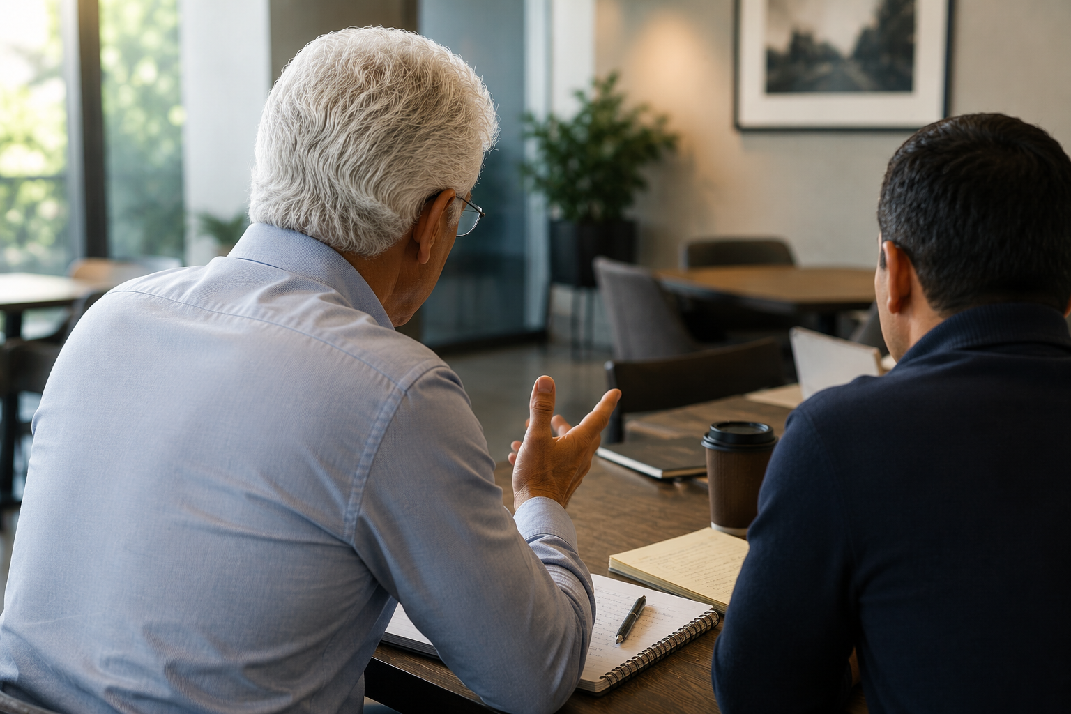 Two people engaged in a professional conversation, reflecting the leadership, mentoring, and meaningful dialogue at the heart of 35N.